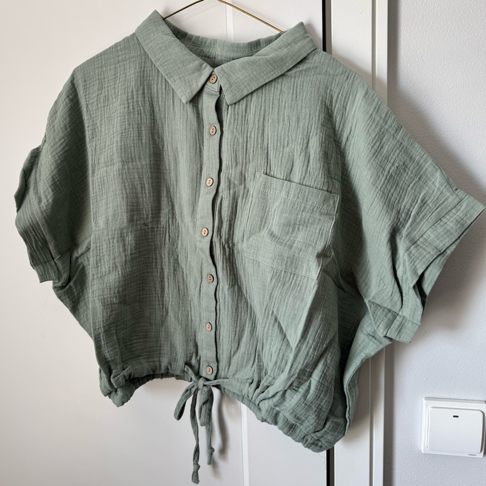 Button Up Cropped Shirt with Tie Waist